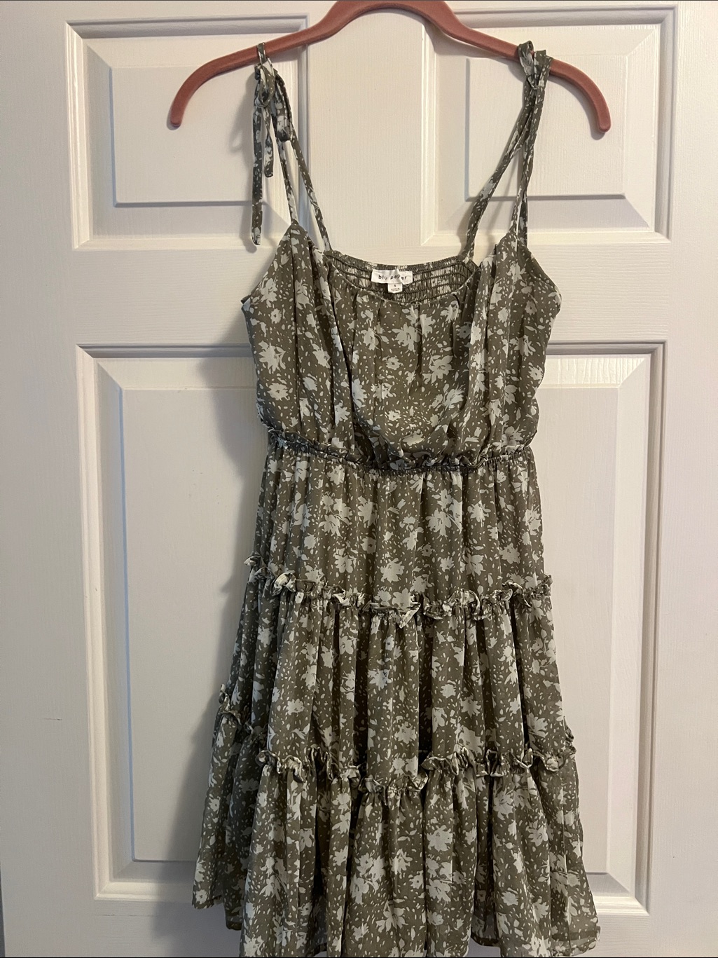 Green Floral Tie-Shoulder Tiered Sundress Small